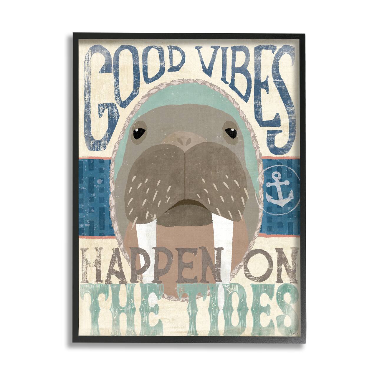 Stupell Industries Good Vibes Happen On Tides Nautical Phrase Walrus Framed Wall Art